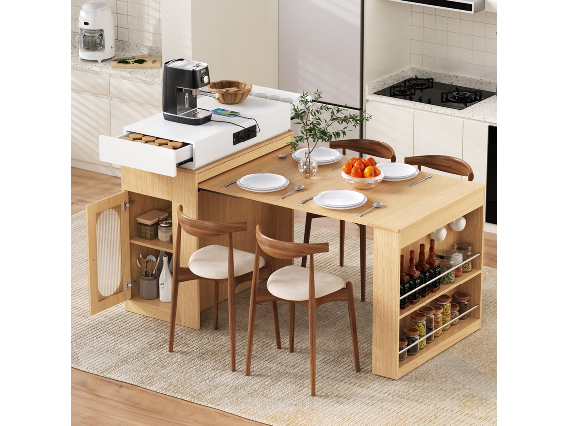 Isla De Cocina Con Ruedas, Mesa De Comedor Extensible Con Tapa Abatible, Mesa Bar Con Tomas De Corriente Y Ganchos.