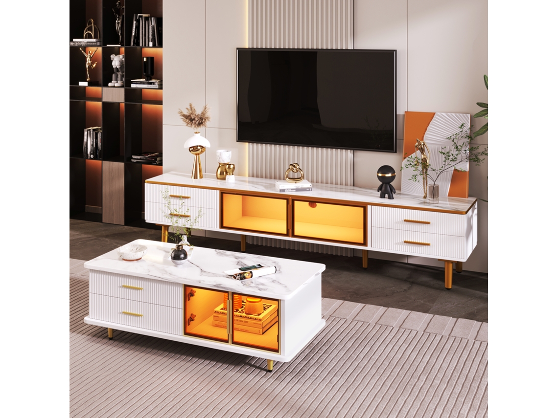 Mesa Centro Mueble Tv Modular Vidrio Aluminio Mármol Diseño Dorado