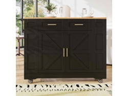 Isla de Cocina Central Bandeja Móvil Extensible 2 Cajones y 2 Puertas con Estantes Abiertos MDF Negro Estilo Natural