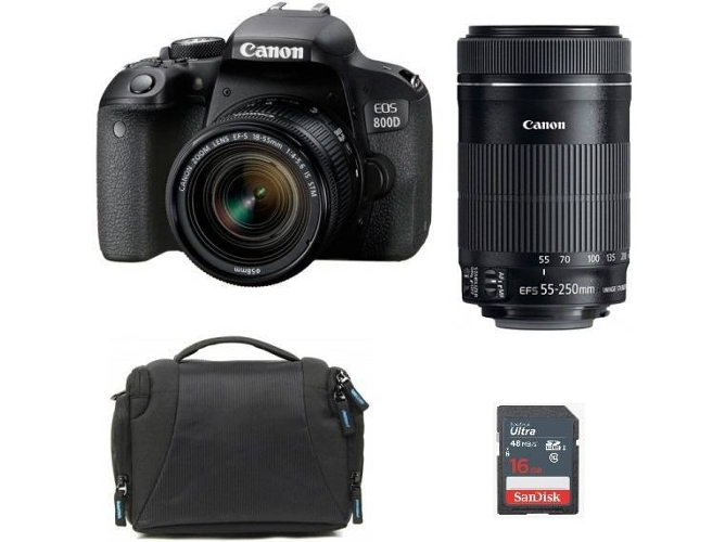 Kit Cámara Réflex CANON EOS 800D EF-S 18-55mm F4-5.6 IS STM + EF-S 55-250mm F4-5.6 IS STM + Bolsa + 16 GB SD