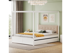 Cama Con Dosel Blanca De 140x200 Cm, Cajones, Cabecero Tapizado, Elegante.
