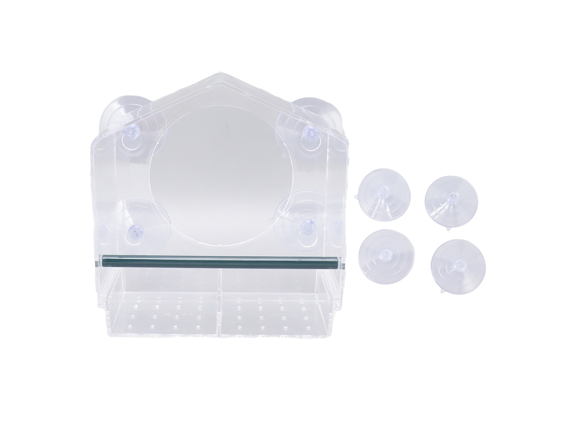 Comedero para pájaros ventilado de acrílico transparente resistente con 4 ventosas.