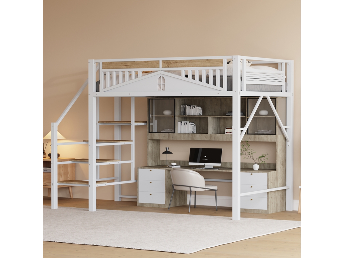 Cama alta de metal de 140 x 200 cm con diseño exclusivo, escalera de seguridad y amplio espacio de almacenamiento bajo la cama, color blanco.