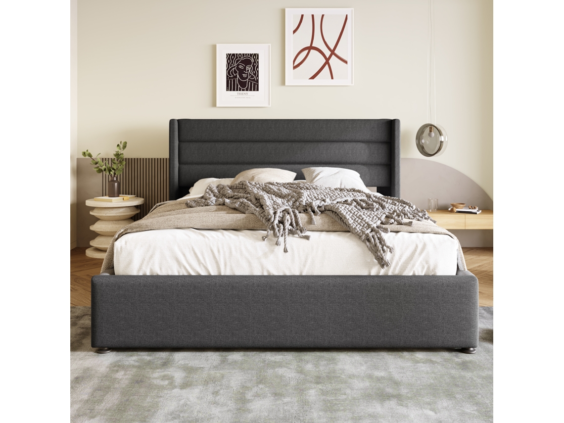 Cama Con Caja Náutica Hidráulica 160x200 Cm En Lino Gris, Cabecero De Diseño Único Con 3 Paneles Y Costuras, Gran Capacidad De Almacenamiento