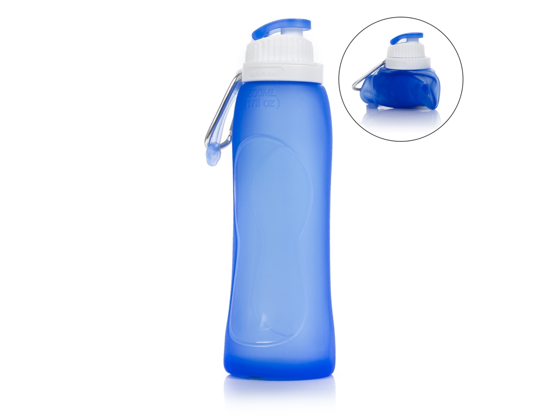 Botella enrollable plegable de 500 ml, fabricada en silicona de grado alimenticio. Con mosquetón.