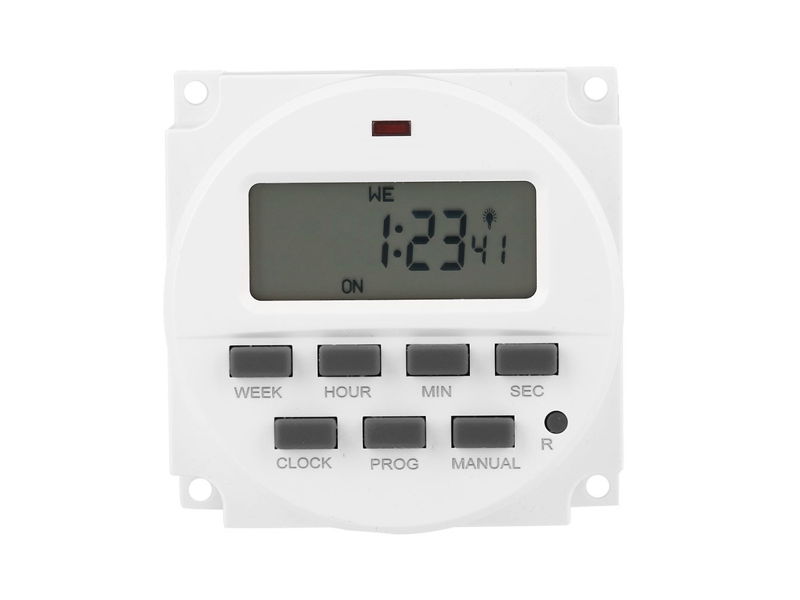 Temporizador programable semanal Sunflare con pantalla LCD y batería recargable.