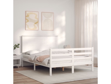 VIDAXL Cama doble blanca de madera maciza con cabecero (Madera - 135 x 190 cm)