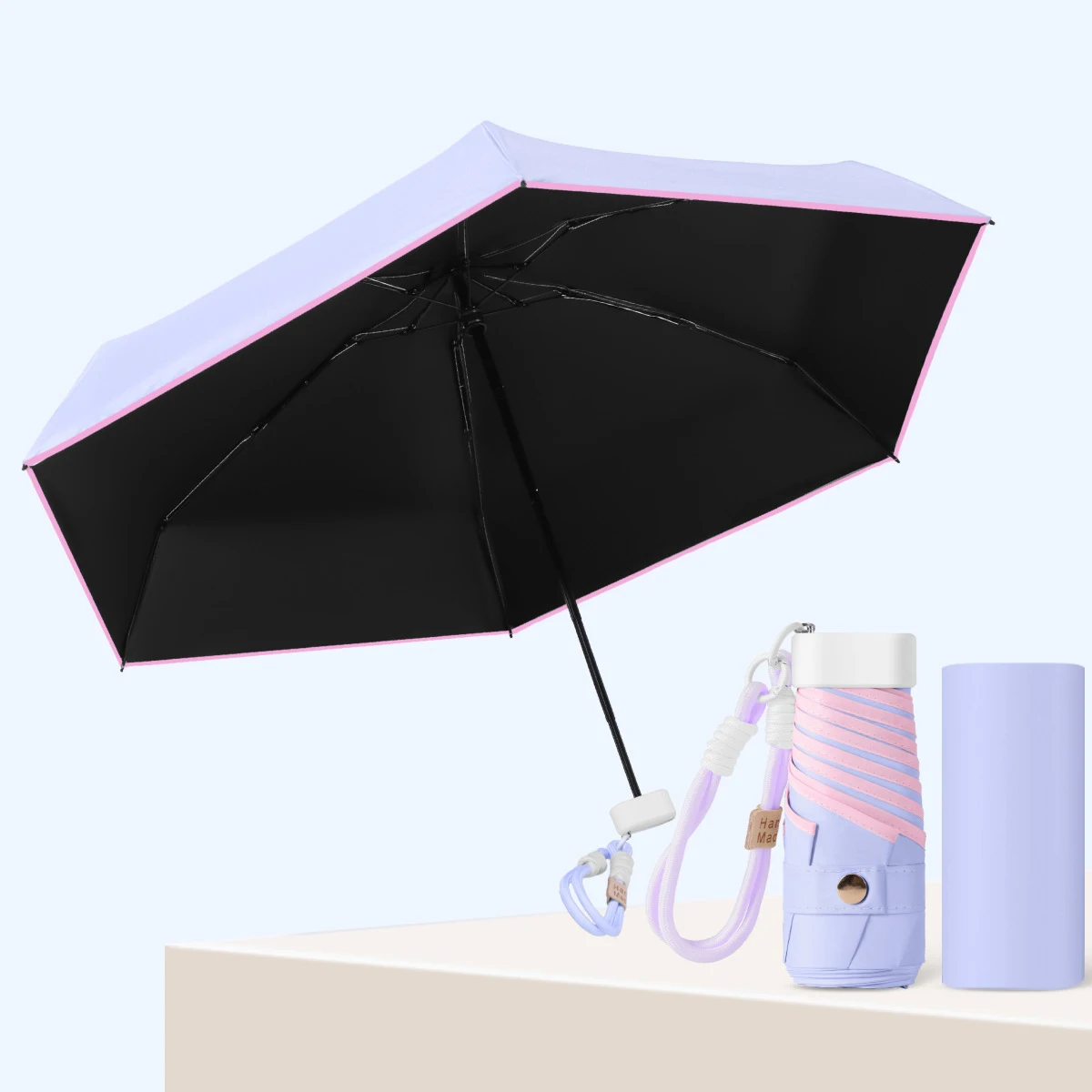 (morado) Mini Paraguas Plegable Upf50+ Con Pulsera De Cuerda Colorida, Paraguas Parasol, Paraguas De Bolsillo