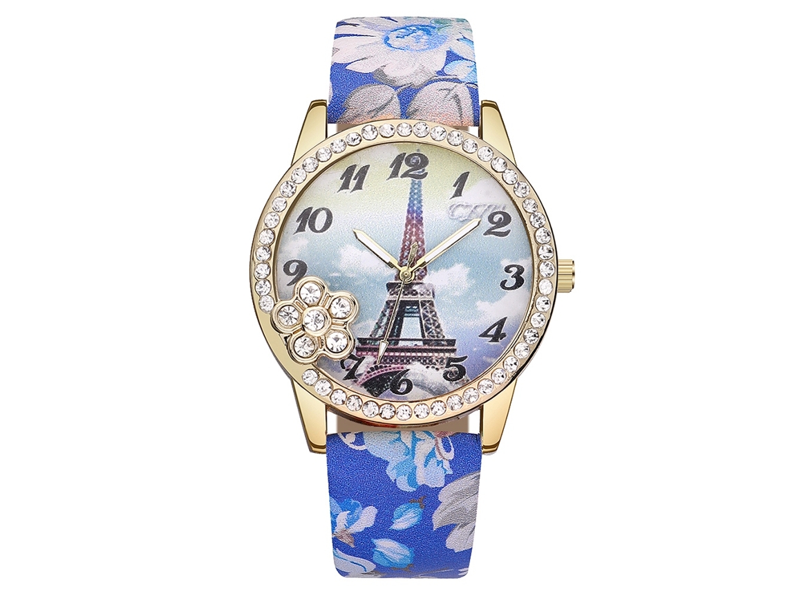 Reloj De Pulsera Vansvar Para Mujer Con Diamantes De Imitación Y Estampado De Torre De Hierro Sobre Piel Sintética Azul Oscuro.