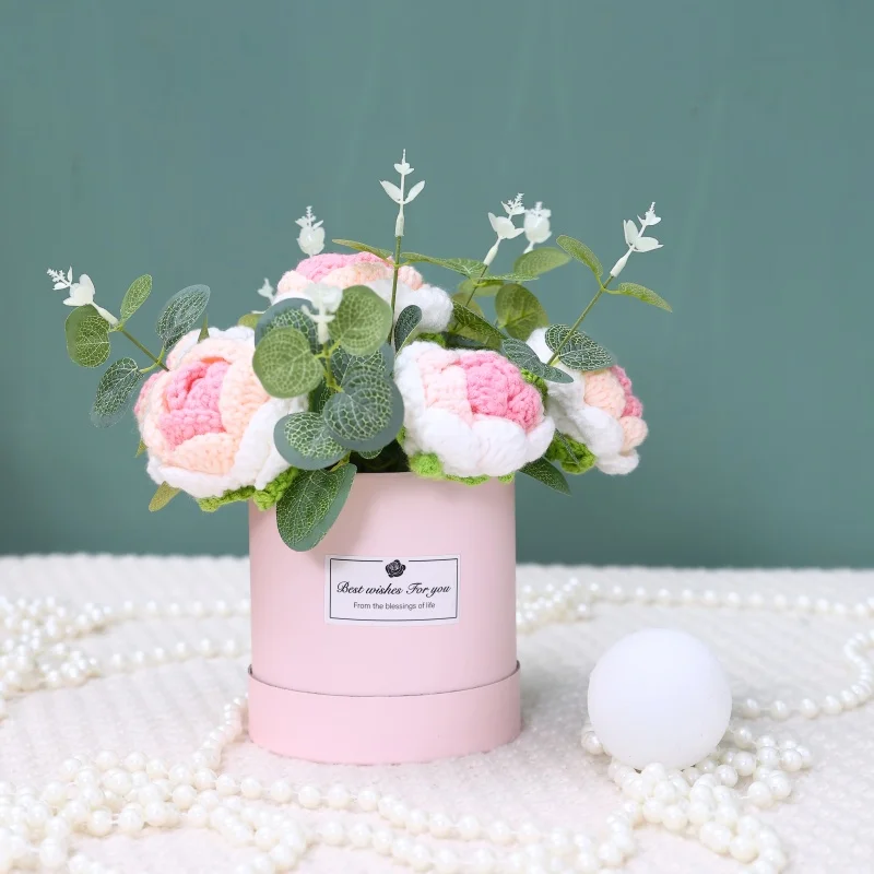(rosa) Ramo Creativo Hecho A Mano En Cubo De Ganchillo Para Decoración De Mesa Y Hogar, Regalo De Aniversario