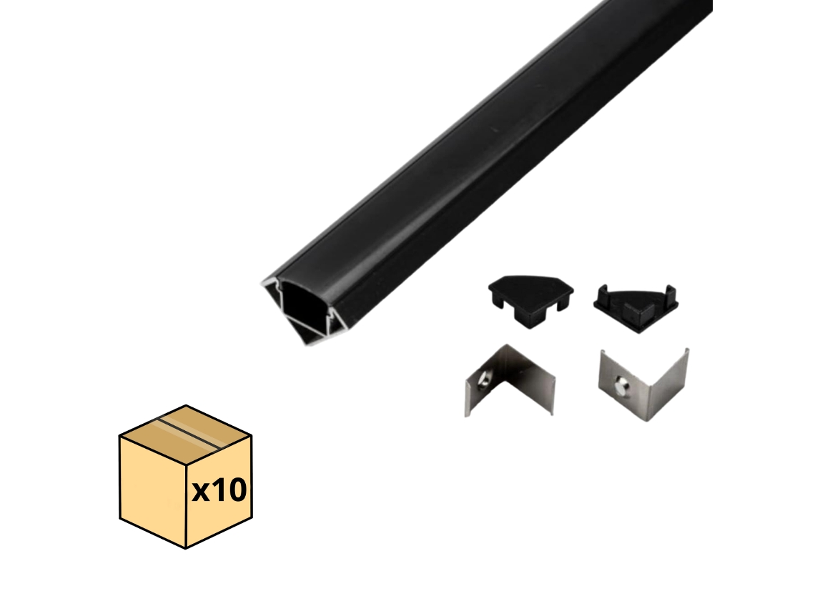 Pack x10 Perfil de Aluminio Negro de Esquina Para Tira Led 2 m Con Tapa Traslúcida negra 18,2x18,2mm JANDEI