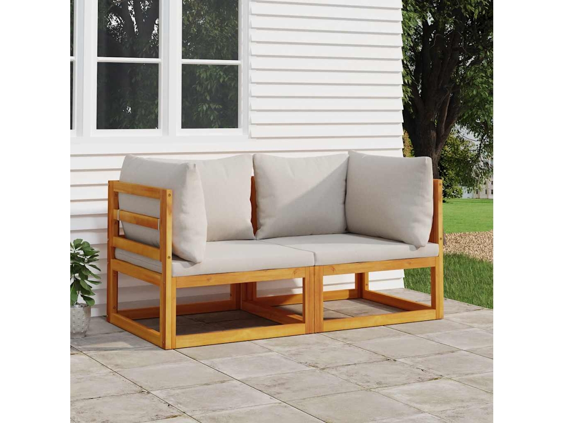 Sofás esquineros de dos piezas de madera maciza de acacia con cojines gris claro de Lovely Home