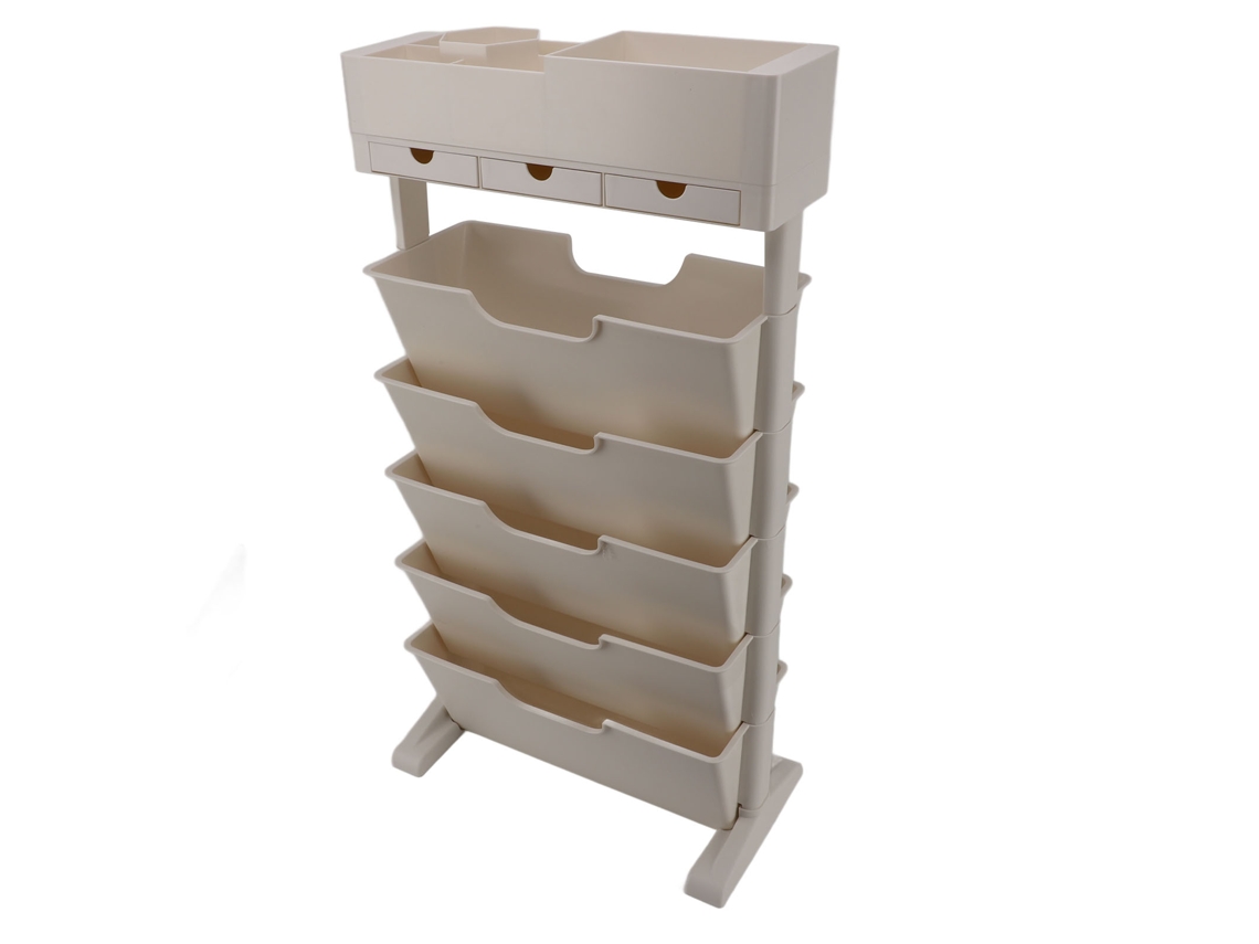 Librería estrecha de plástico blanco y beige, estantería de exhibición utilitaria para sala de estar, dormitorio y cocina con 3 cajones.