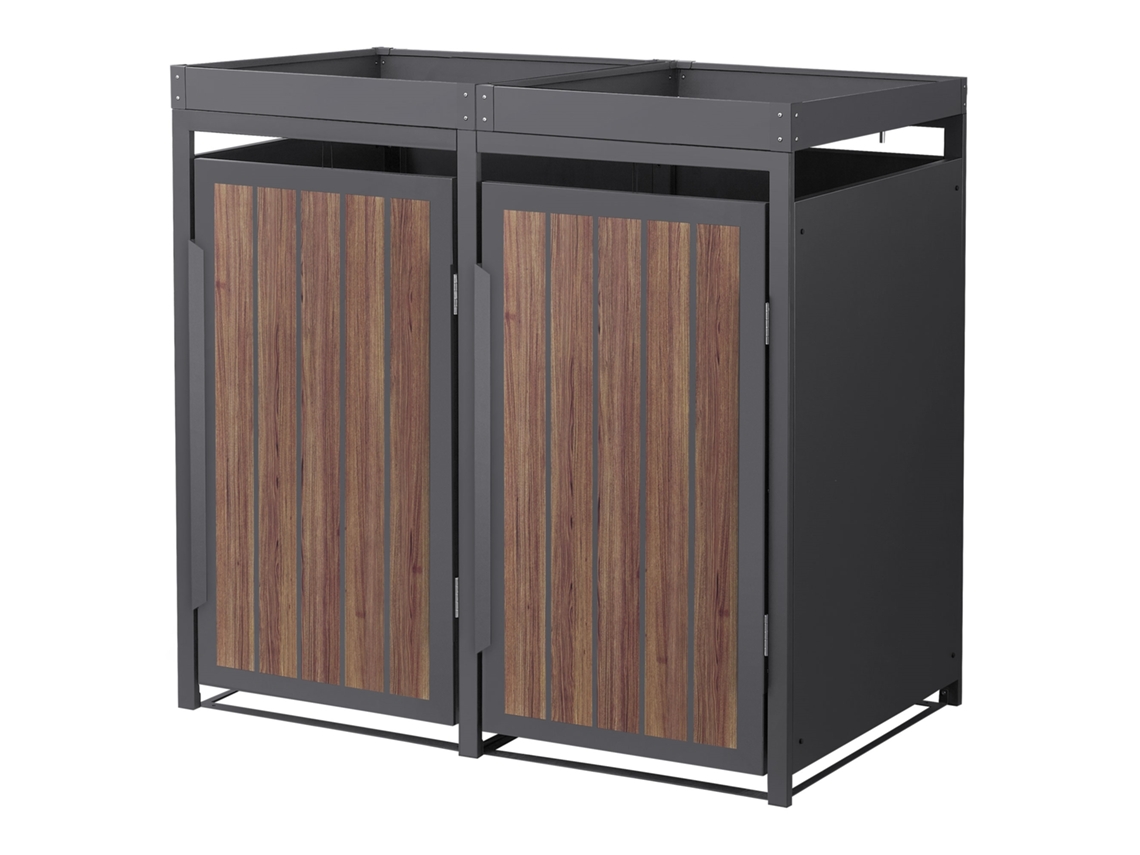 Cobertizo Ml-design Para 2 Cubos De Basura 240l Acero Antracita Roble Oscuro Con Macetero