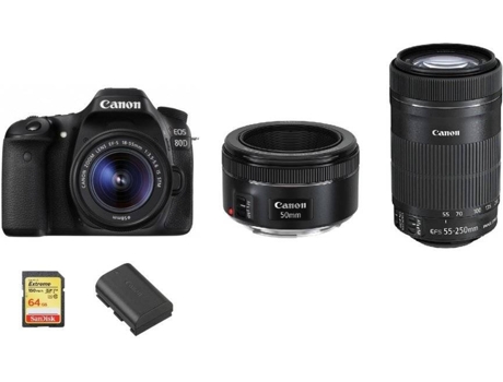 Cámara Reflex CANON EOS 80D + Objectivo EF-S 18-55MM F3.5-5.6 IS STM + Objectivo EF-S 55-250MM F4-5.6 IS STM + Objectivo EF 50MM F1.8 STM + Tarjeta...