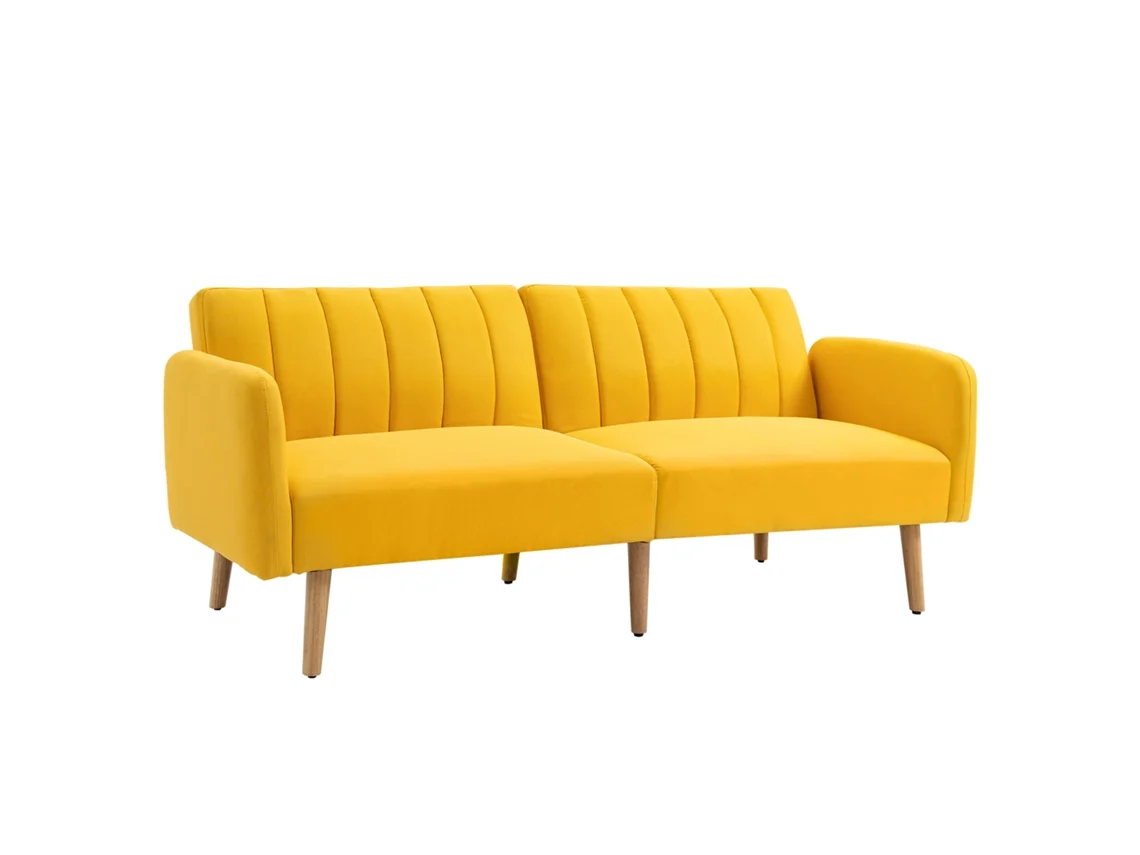 Sofá Cama De 2 Plazas, Plegable, Respaldo Ajustable, 3 Niveles, Lino Sintético, Amarillo, 173x75x73cm