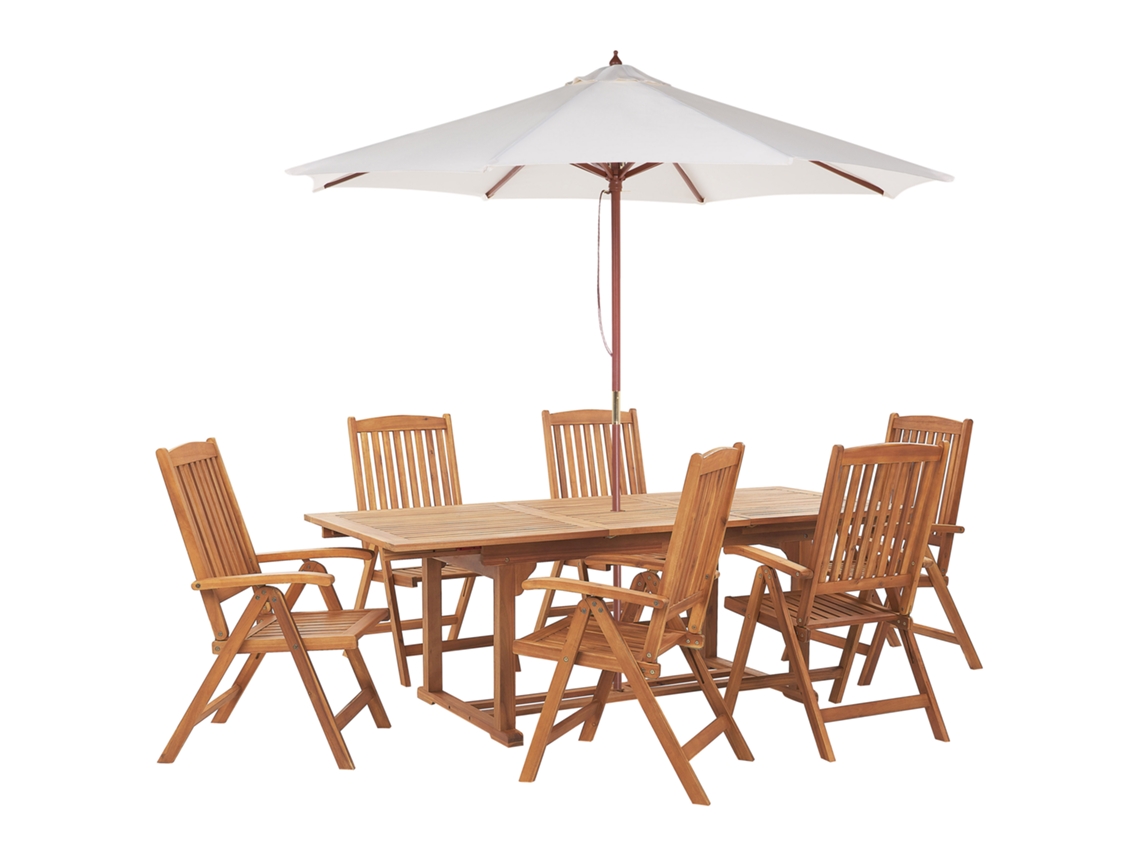 Conjunto De Comedor De Jardín De 6 Plazas En Madera De Acacia Y Sombrilla Java BELIANI
