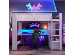 Cama alta de 90 x 200 cm para juegos con escritorio, LED, cajón y estantes, sin colchón, color blanco