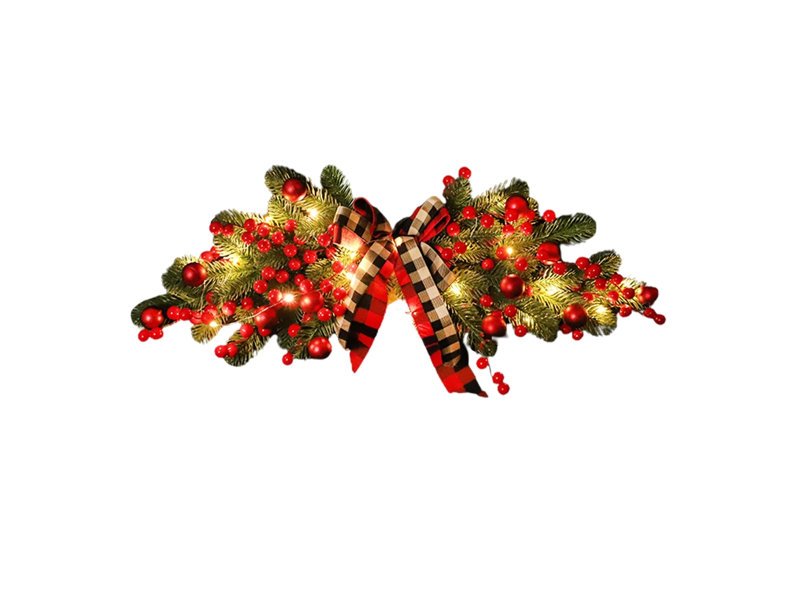Dintel decorativo navideño para puerta, estampado de cuadros rojos con luces, funciona con pilas AA.