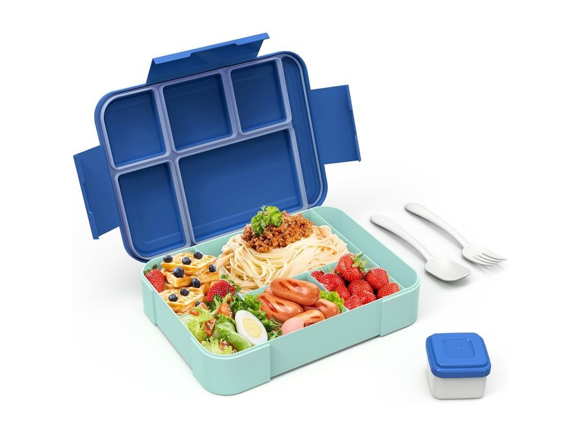 Fiambrera Bento Para Adultos De 1330 Ml Con 6 Compartimentos, Cubiertos, A Prueba De Fugas, Color Azul.
