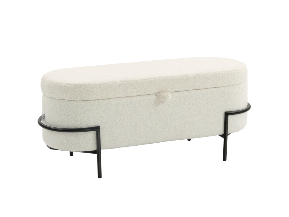 Taburete Almacenamiento Tapa Patas Acero Felpa Blanco Crema