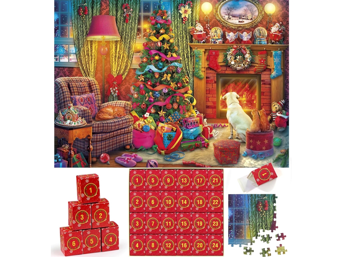 Calendario de Adviento Rompecabezas navideños: Navidad junto a la chimenea Rompecabezas navideños para adultos y niños, 24 piezas, 1008 piezas, regalo para cuenta regresiva para CHRONUS