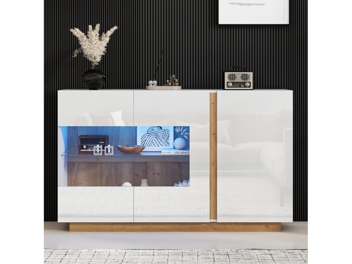 Aparador 138x38x90,5 cm Cómoda de Madera Blanca con Cristal y Base de Madera Alta Calidad Mobrio