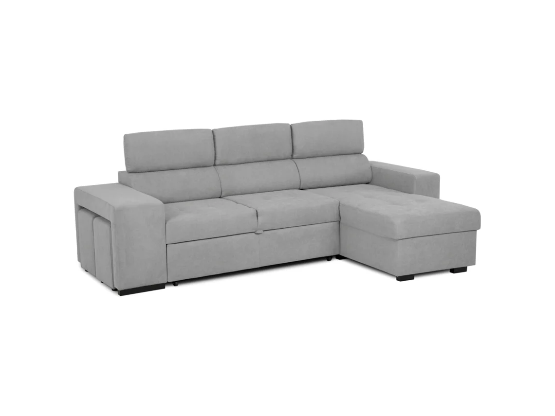 Sofá Cama 3 Plazas BUDWING John Gris Niebla + Chaise Longue + Cabecero Ajustable + 2 Pufs (263 x 161 x 96 cm - Reversible Lado Derecho/Izquierdo)