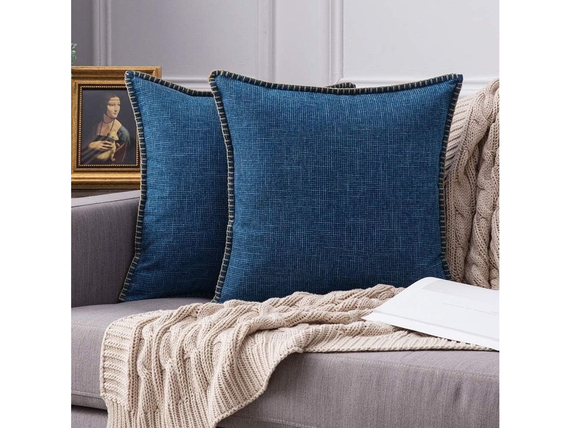 2026-41257-2 Fundas De Almohada Decorativas De Lino Con Cordón Trim, 45x45cm, Azul, Para Sofá Y Dormitorio