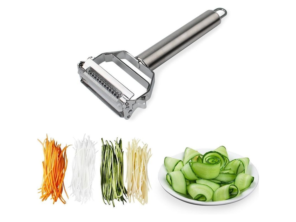 Pelador de verduras multifuncional de acero inoxidable 2026 con doble placa para pelar y cortar frutas y verduras.