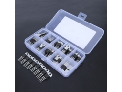 Kit de transistores reguladores de voltaje con 50 piezas, 10 valores y un estuche transparente con 10 compartimentos.