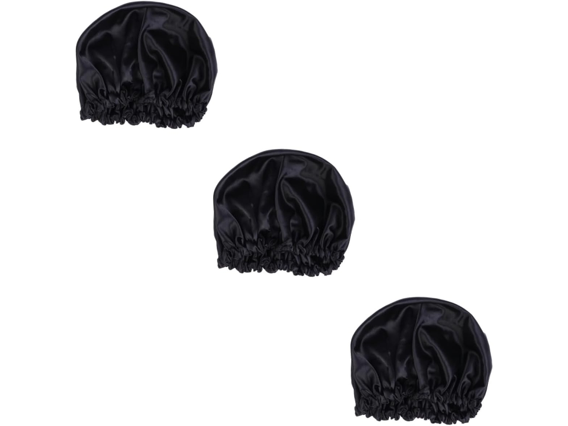 Touca De Cetim De Seda Preta De 3 Peças, Dupla Ajustável, Protege O Cabelo E Mantém A Hidratação.