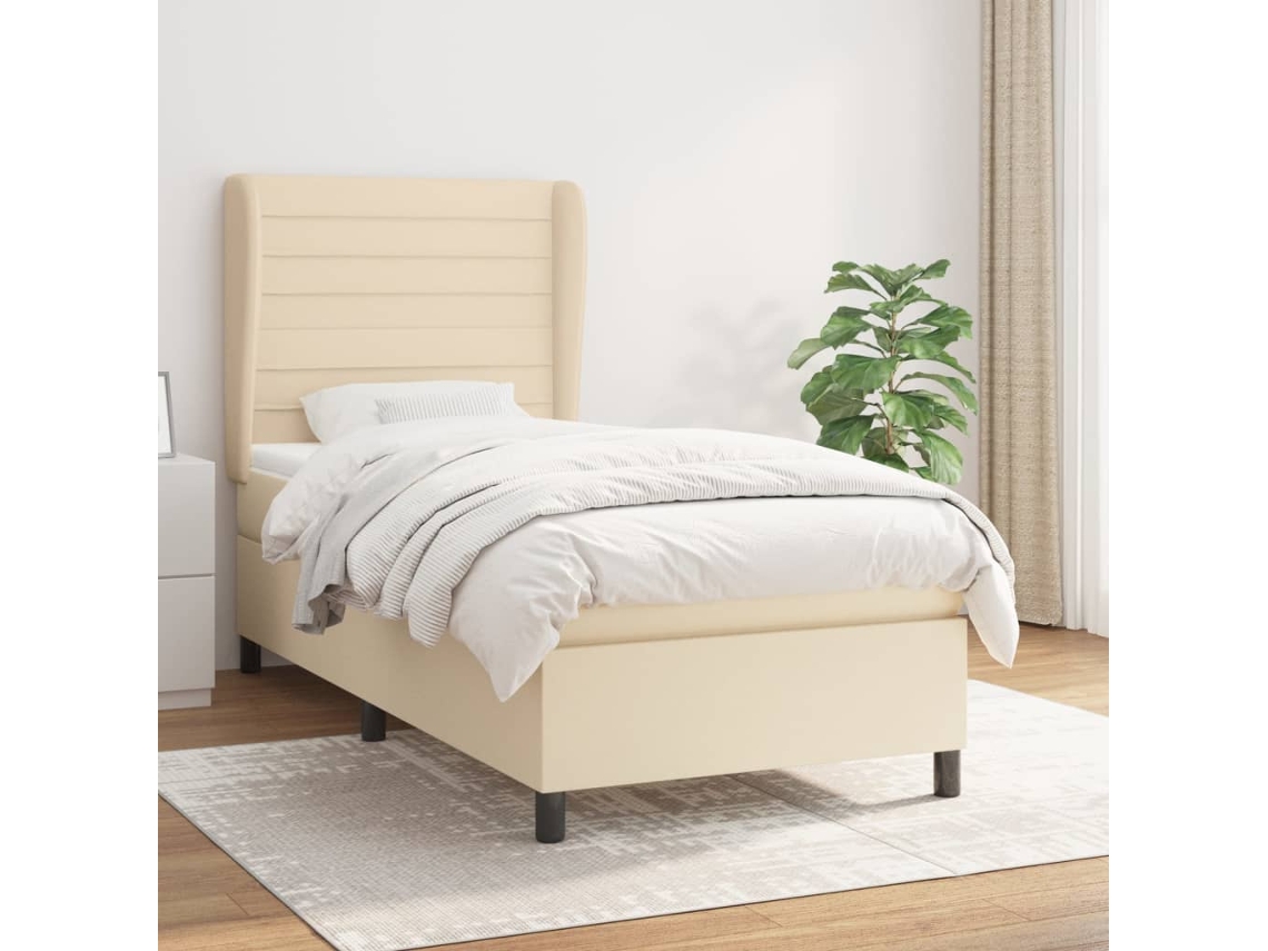 Cama Box Spring Con Colchón Tela Color Crema 90x190 Cm