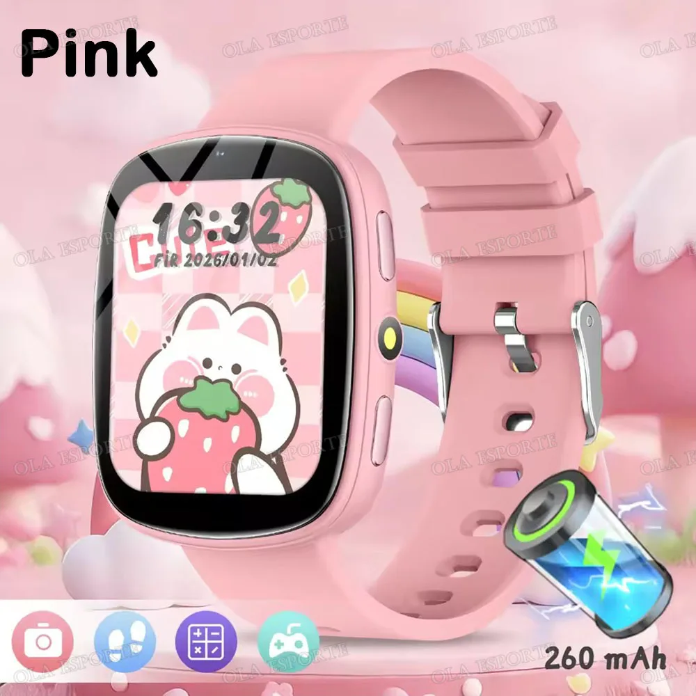 Reloj inteligente (rosa) para niños con pantalla táctil, cámara, batería de larga duración de 260 mAh, linterna integrada y función de aprendizaje.