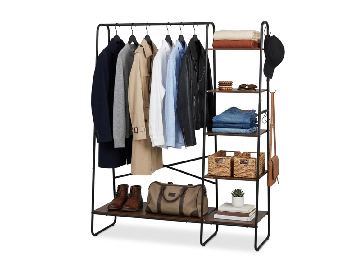 Relaxdays Cabideiro, 6 Prateleiras, 6 Ganchos, Barra Para Roupas, A X L X P 160 X 120 X 45 Cm, Castanho-preto
