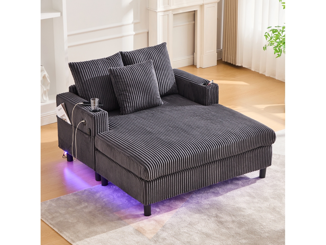 Sillón Chaiselongue Grande - Con Portavasos Laterales, Puertos Usb, Iluminación Led Ambiental - Gris Oscuro