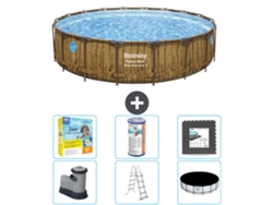Piscina BESTWAY Round Power Steel Swim Vista - Impresión en madera - 549 x 122 - Incluye bomba - Escalera - Cubierta Accesorios CB35