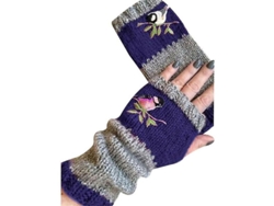 2026-guantes Sin Dedos Tejidos Calientitos Para Mujeres Con Bordado De Aves