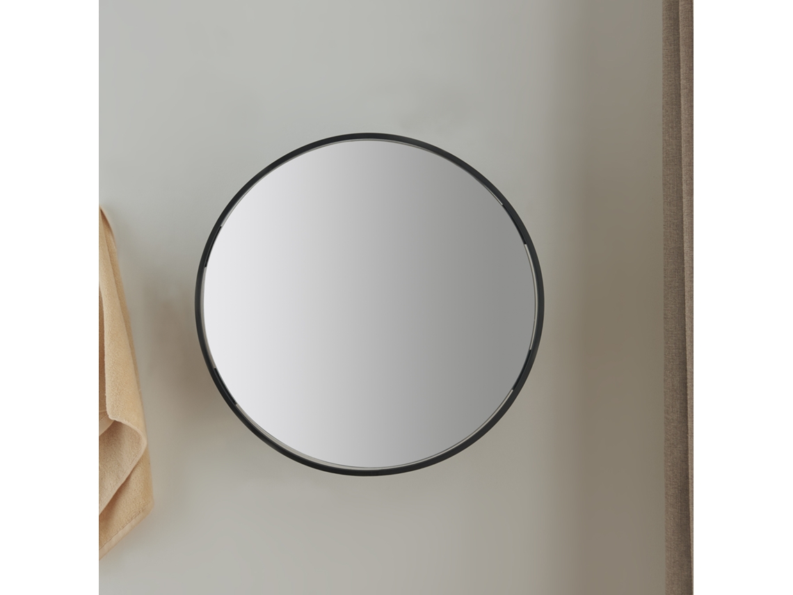 Espejo de pared Sunne redondo con 2 estantes acero y cristal 50 x 50 x 13 cm Negro [EN.CASA]
