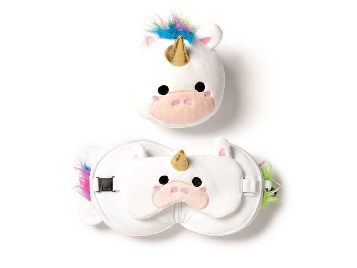 Almohada de viaje 2 en 1 de felpa de unicornio con antifaz PUCKATOR