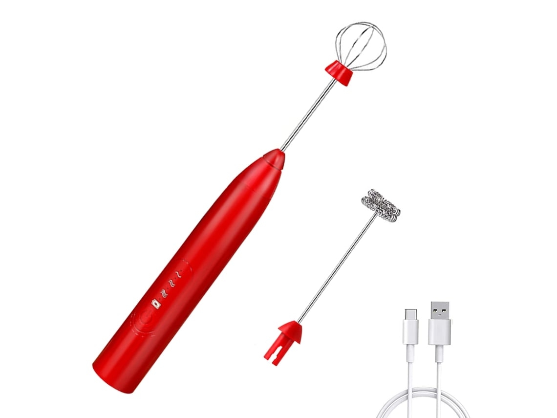 Batidora de leche eléctrica portátil recargable para café, 2 varillas de acero, roja