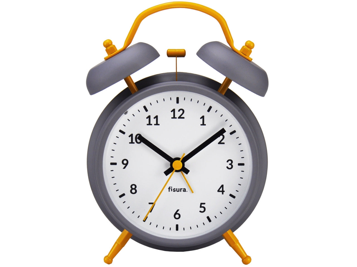 FISURA Reloj Despertador Analógico Sin Tictac Gris y Amarillo. Medidas: 11 7 X 5 5 X 16 cm. Marcar 9 cm.