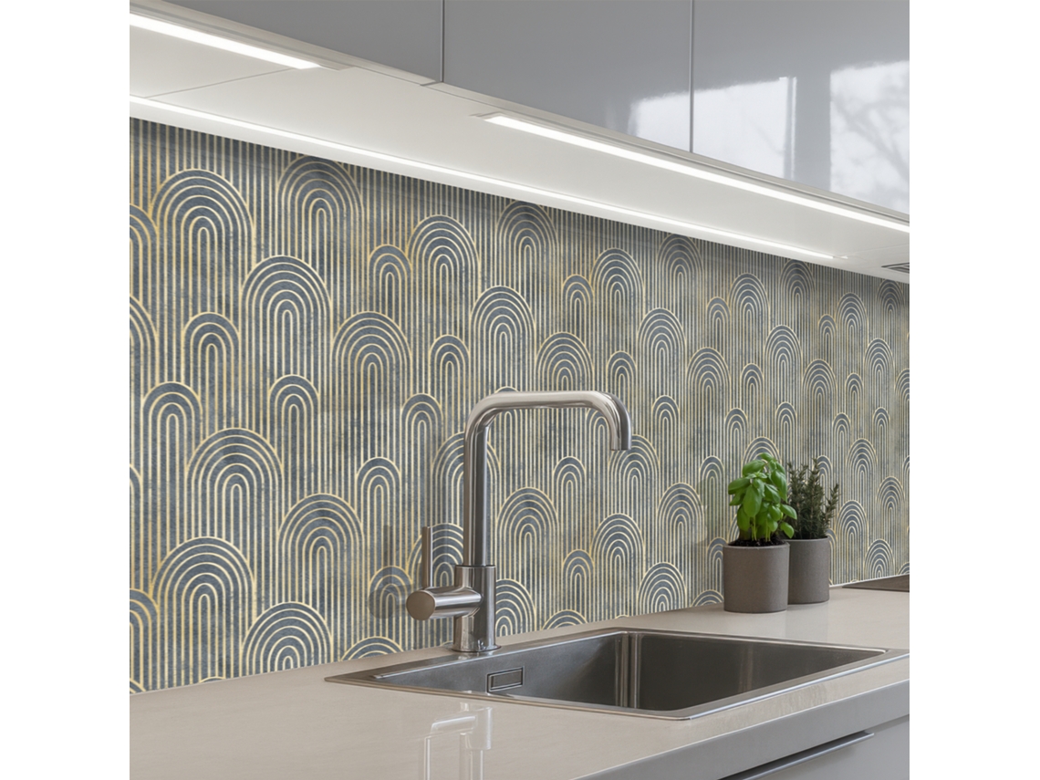 Paneles antisalpicaduras de cocina Arco - Dorado - Azul 400x80 cm