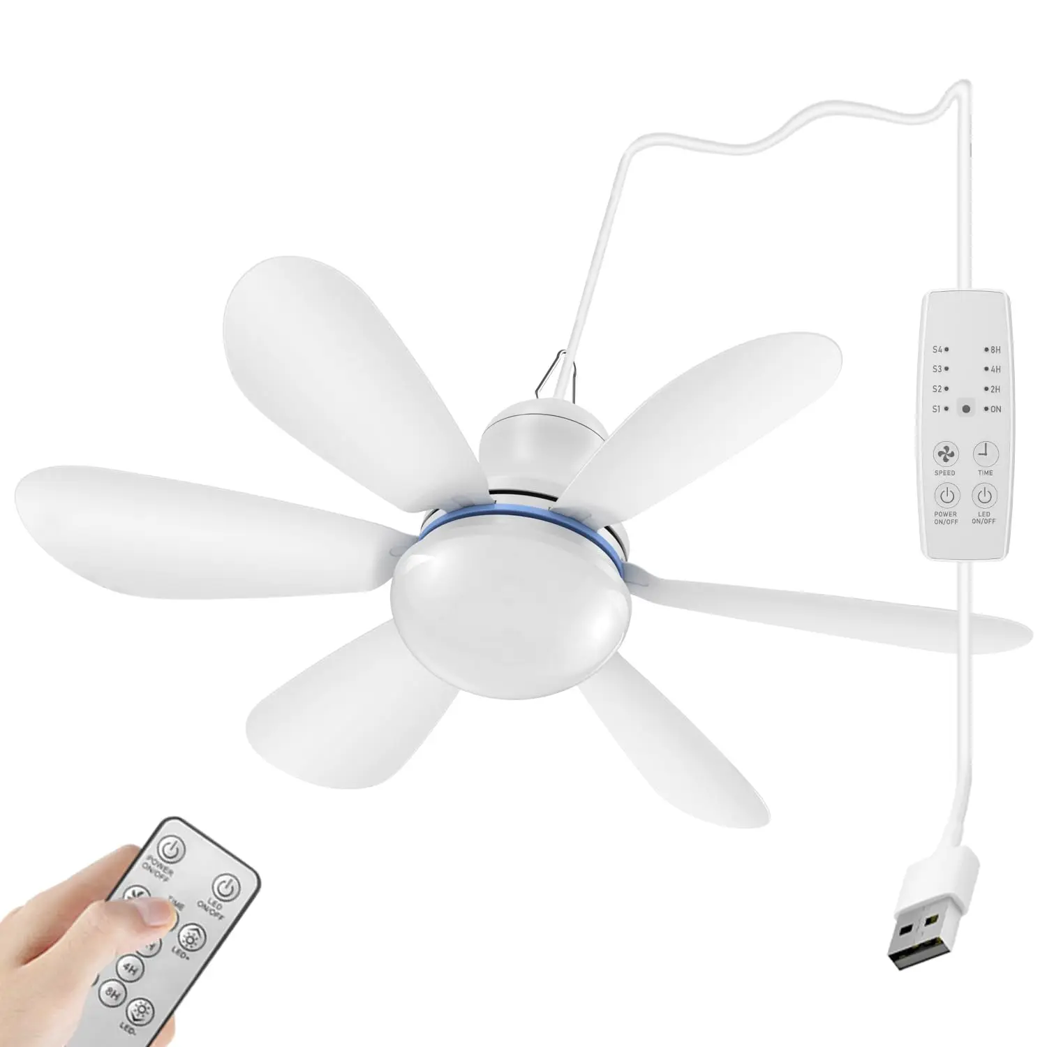 Ventilador De Techo Portátil (blanco) Con Luz Led, Interfaz Mini Usb Dc 5v, Adecuado Para Autocaravanas, Tiendas De Campaña, Etc.