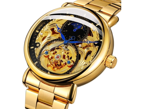 VEANXIN Relojes de pulsera automáticos de cuero y acero inoxidable con esqueleto-Oro negro