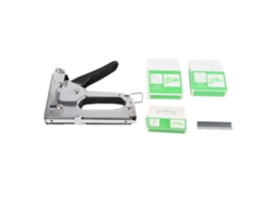 Grampeador manual de alta resistência, fabricado em aço liga resistente ao desgaste, para uso em estofados e interiores.