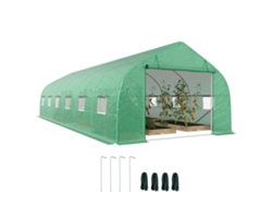 Invernadero tipo túnel de 800x300x200 cm con 12 ventanas y puerta enrollable. Fabricado en PE de 140 g/m² y techo de acero con puntas para el cultivo de plantas verdes y hortalizas.