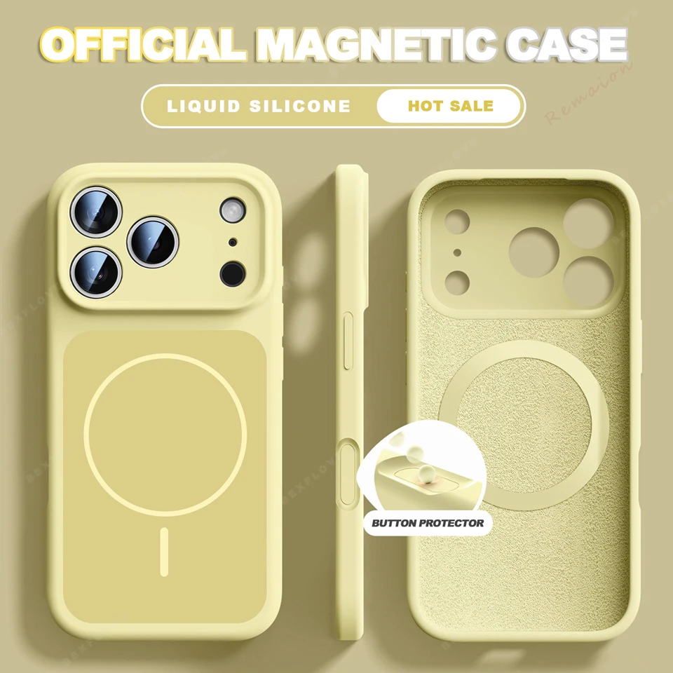 (iphone 16 Pro, Amarillo) Funda Magnética Magsafe De Silicona Líquida Para Teléfono, Compatible Con Iphone, Funda Suave A Prueba De Golpes.
