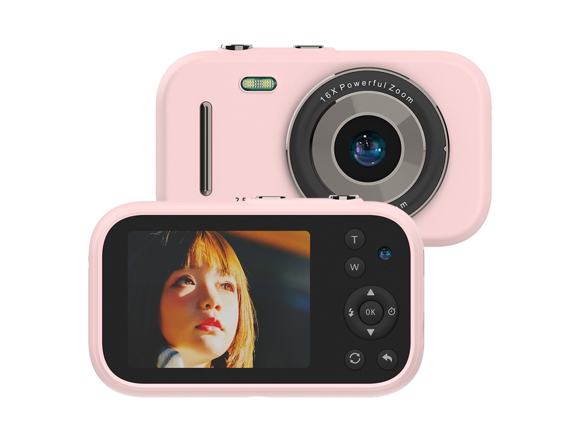 Cámara digital, cámara para niños 2.5K UHD 1080P con tarjeta de memoria de 64 GB, zoom 16x antivibración, adecuada para niños y niñas(PINK) BISBISOUS