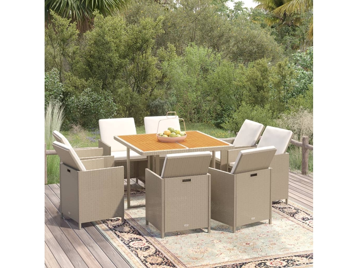 Juego de comedor de jardín de 9 piezas con cojines, mimbre sintético beige, DKD Home Decor